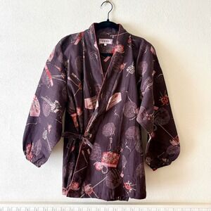 Vintage Waraku Kimono Japanese Haori Jacket Size M 100% Cotton Brown Pink Print